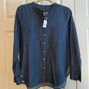 NWT Soft Chambray Dark Denim Collarless Buttondown